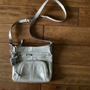 Tignanello Metallic Gold Tan Pebbled Leather Crossbody Bag